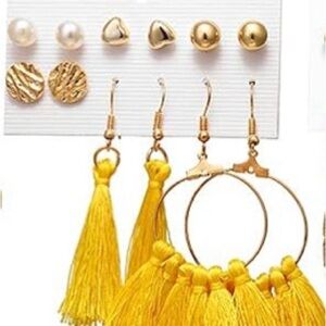Gold-Tone Earring Set with Bright Yellow Tassels
